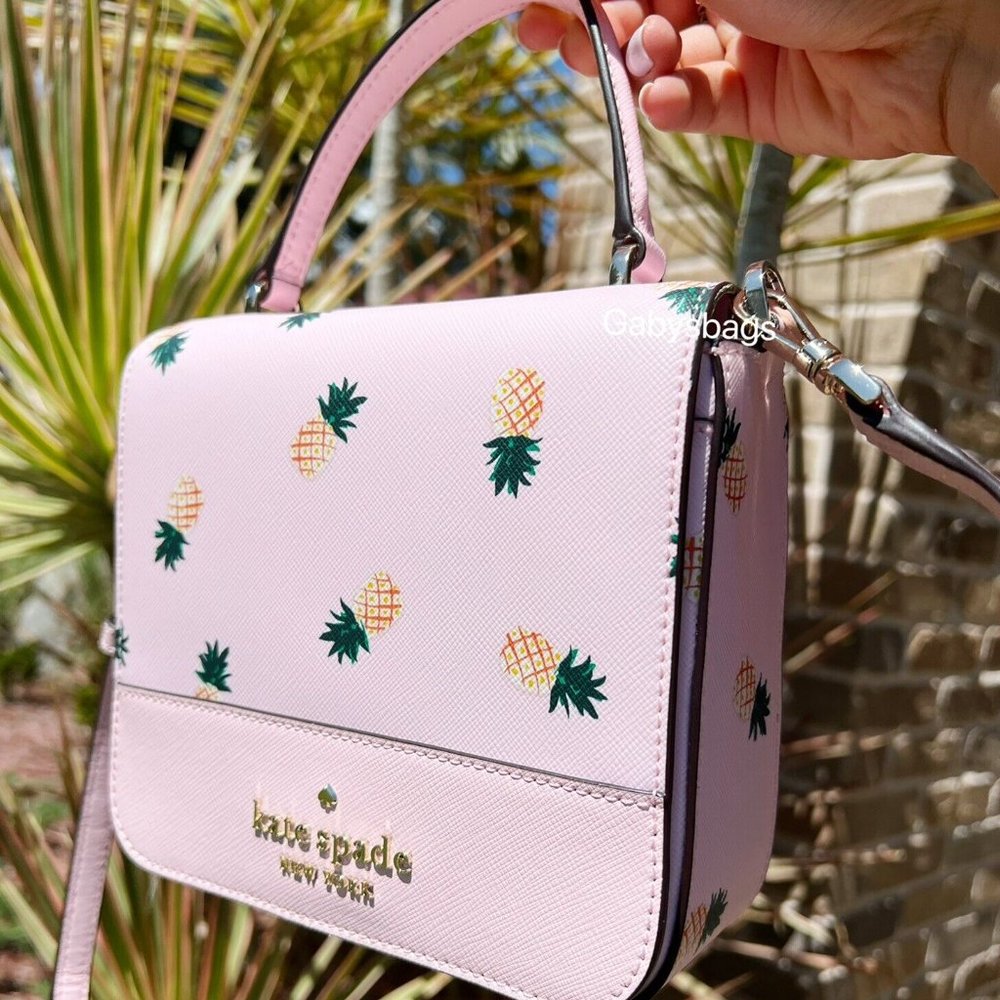 Kate Spade Colada Staci Pineapple Square Flap Crossbody Top Handle Pink Multi - Picture 7 of 8